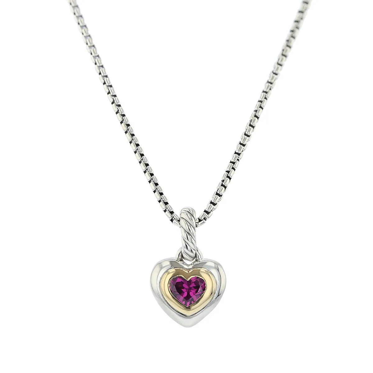 Petite Cable Heart Pendant Necklace in Sterling Silver with 14K Yellow Gold and Rhodolite Garnet