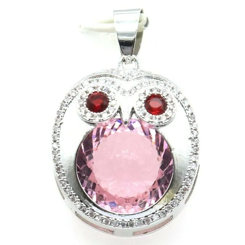 Pink Sapphire CZ Garnet Eyes Owl Pendant Necklace 18"