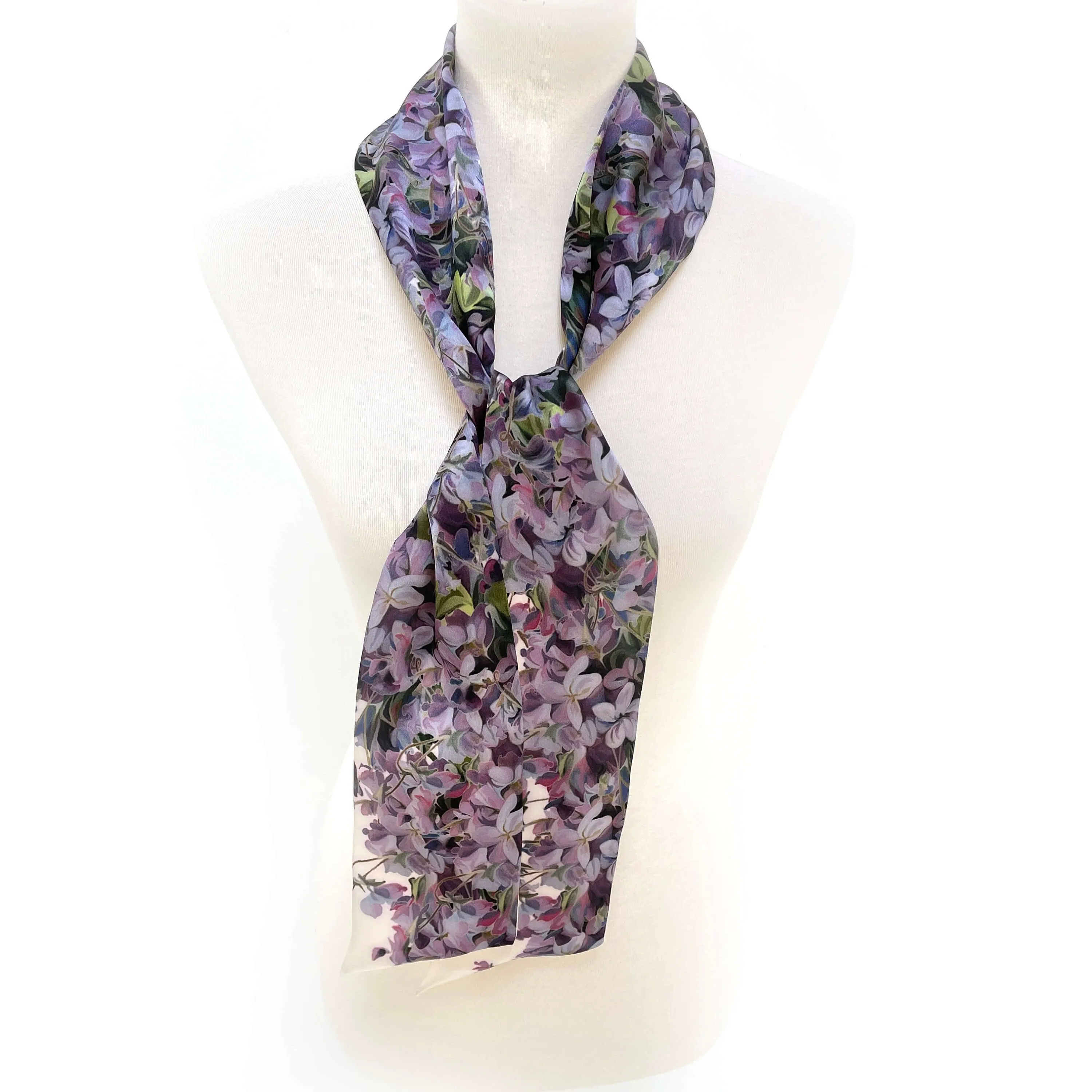 Pure Silk Violets Scarf,  Womans Scarf, Hair Scarf, Neck Scarf, Headband, Designer Scarf, 100% Pure Silk