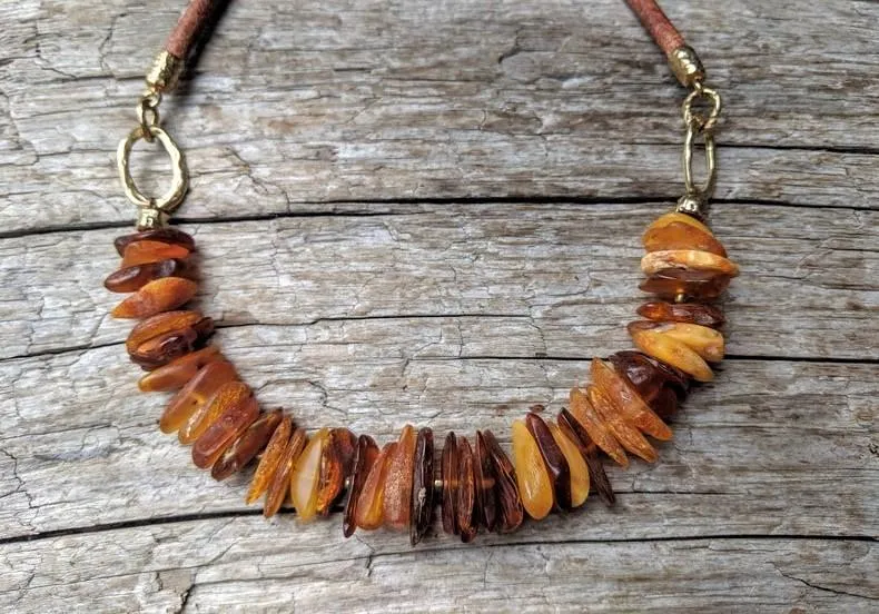 Raw Baltic Amber Chip & Leather Necklace