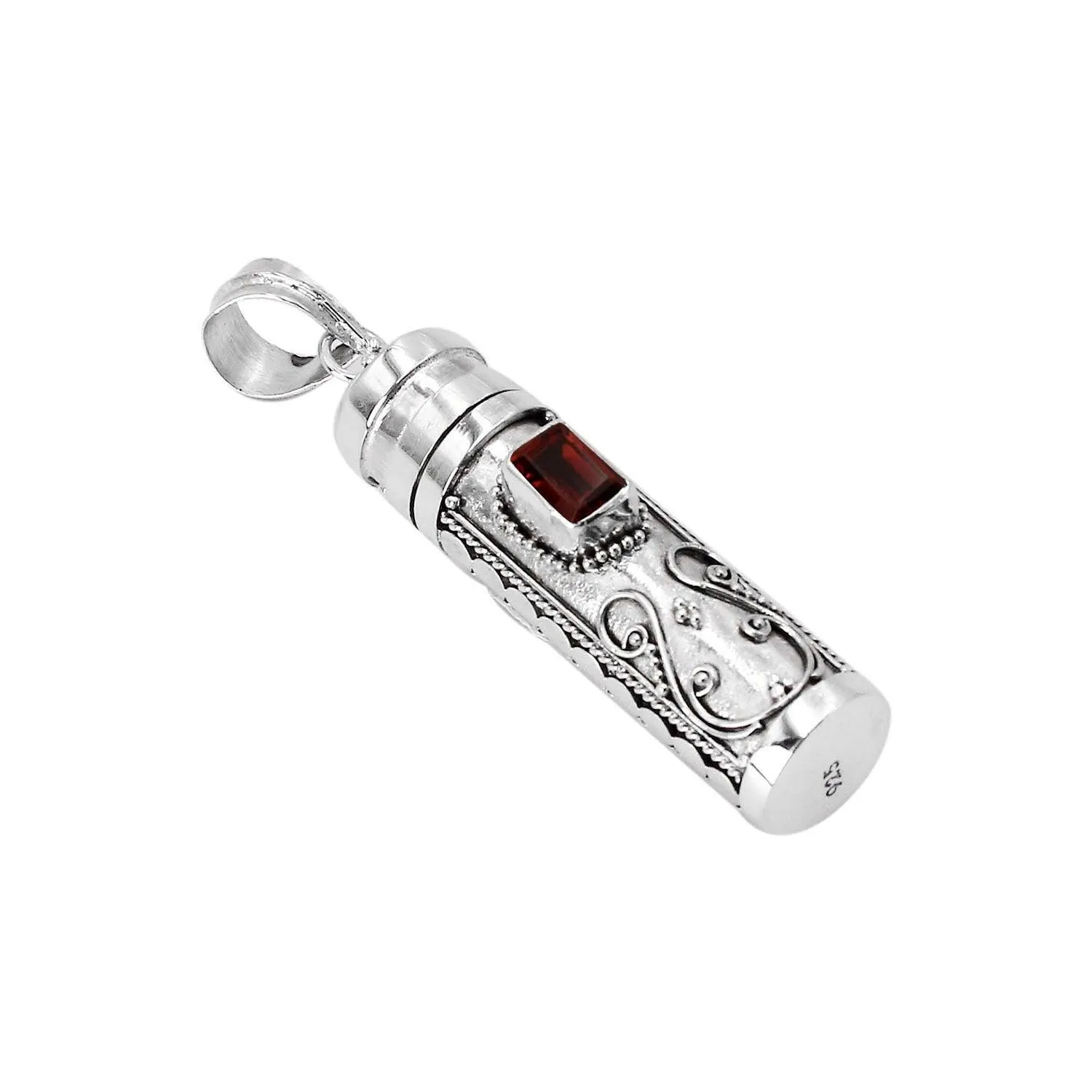 Red Garnet Prayer Box - Pill Box - Perfume Bottle - Ashes Locket Pendant - 925 Sterling Silver