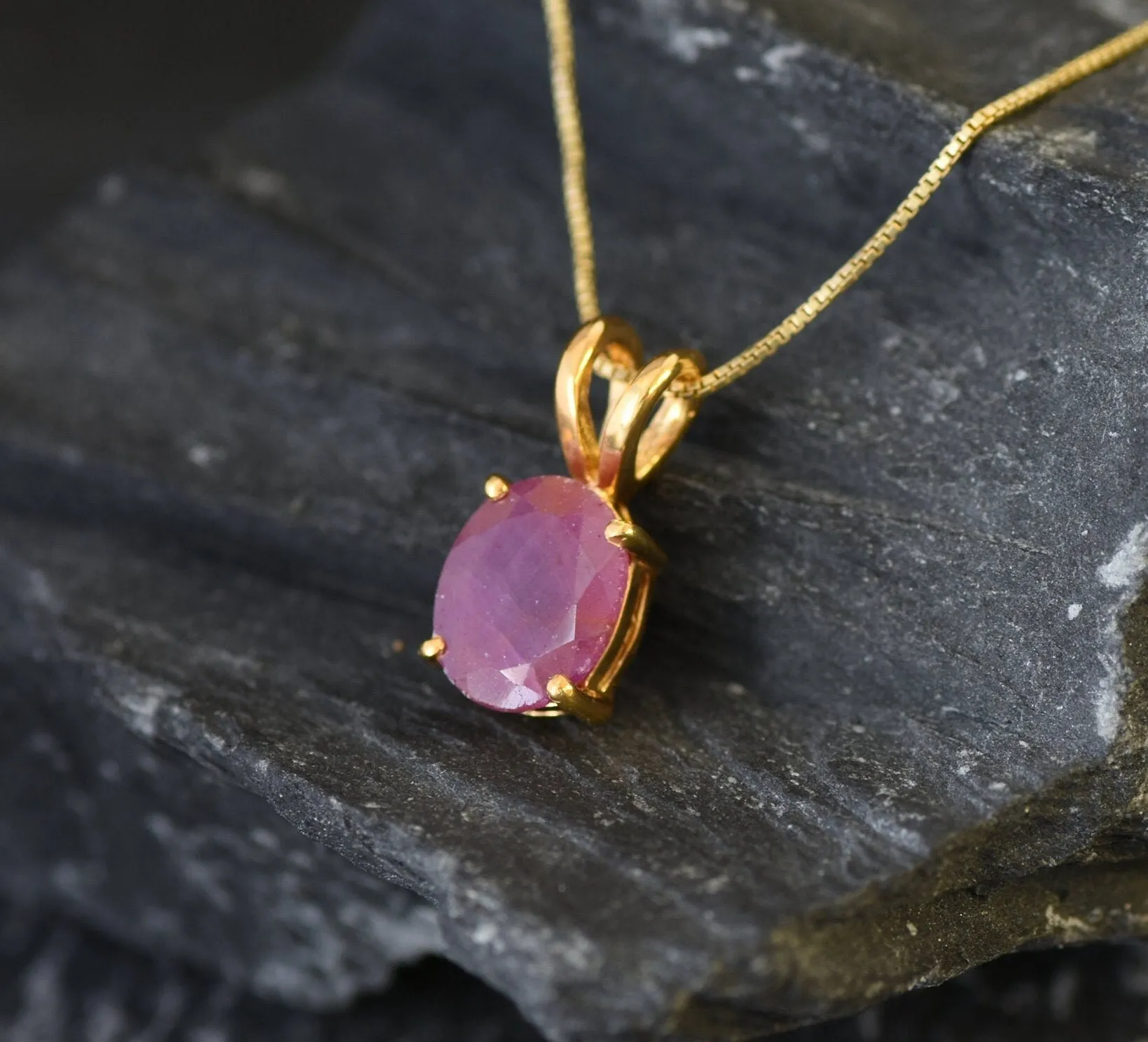 Red Ruby Gold Pendant - Natural Ruby Necklace, July Birthstone Necklace