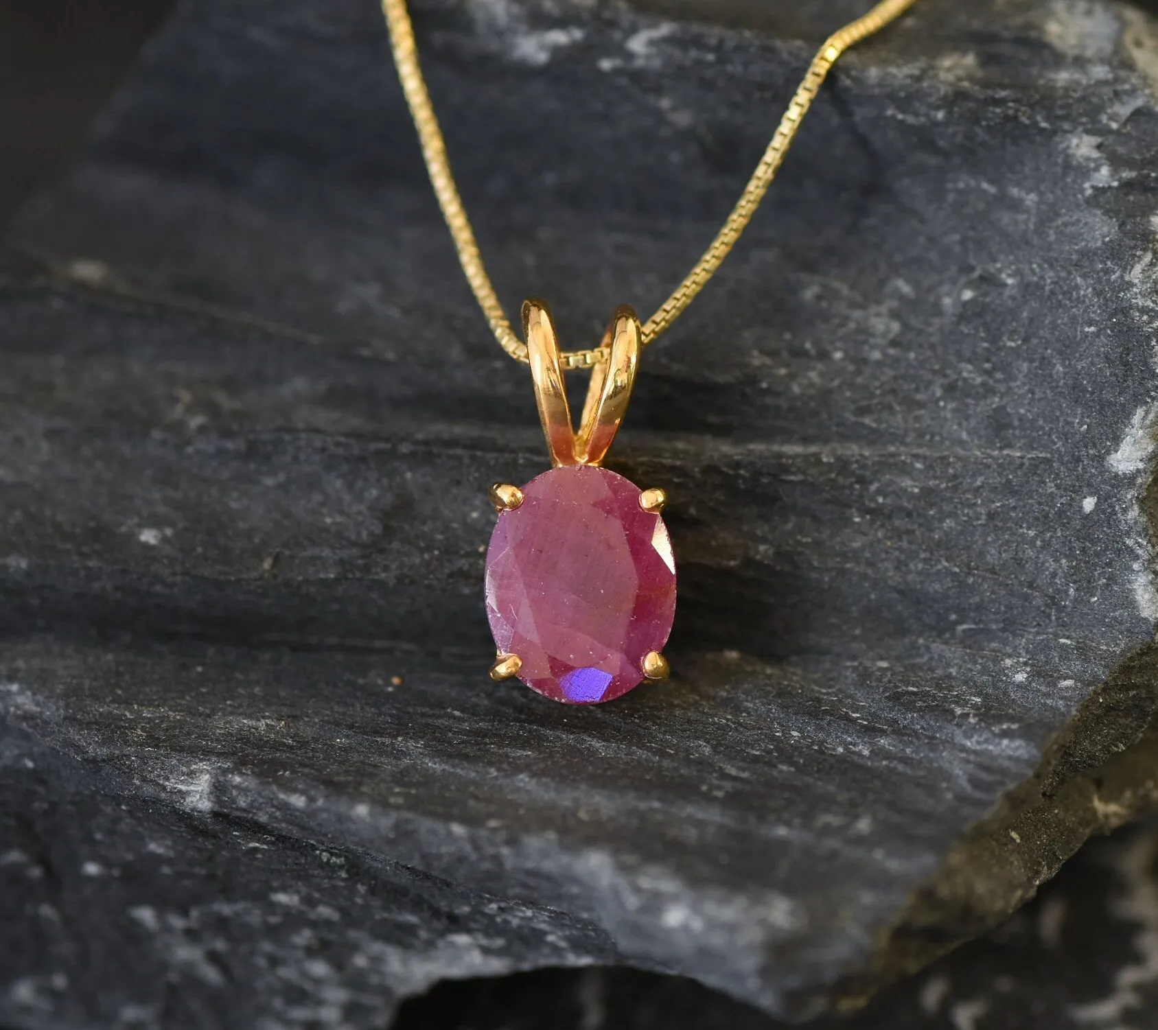 Red Ruby Gold Pendant - Natural Ruby Necklace, July Birthstone Necklace