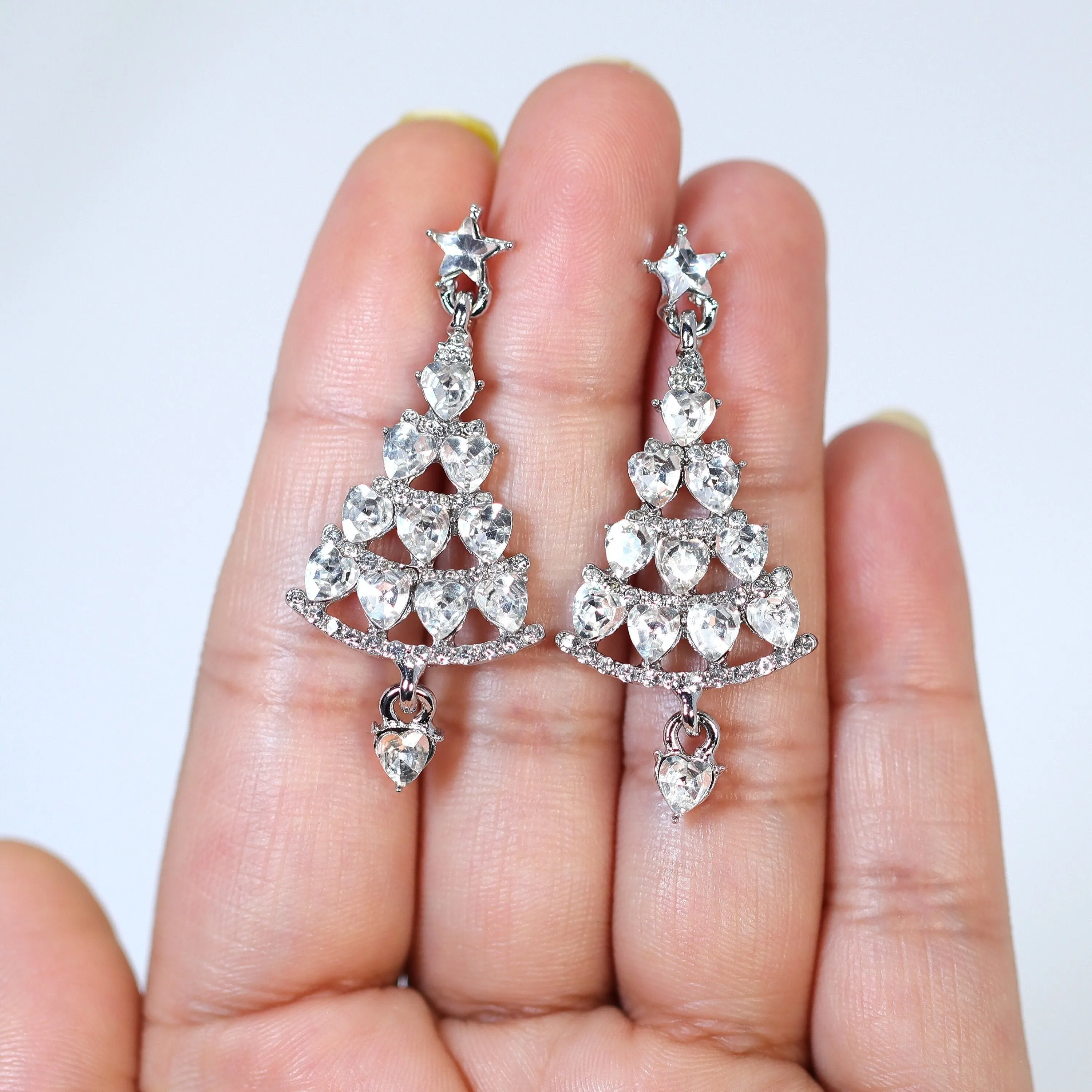 Rhinestone Star Christmas Tree Ornaments Dangle Earrings, Crystal Tree Earring, Statement Christmas Earring.