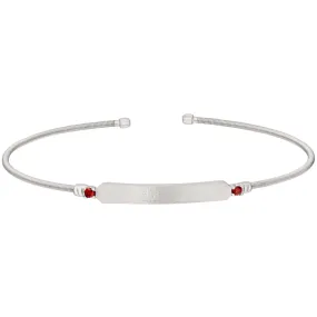 Rhodium Finish Sterling Silver Cable Cuff Bracelet with Name Plate and Simulated Garnet Birth Gems - January