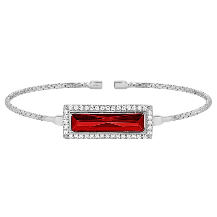 Rhodium Finish Sterling Silver Cable Cuff Bracelet with Rectangular Simulated Garnet Stone and Simulated Diamonds