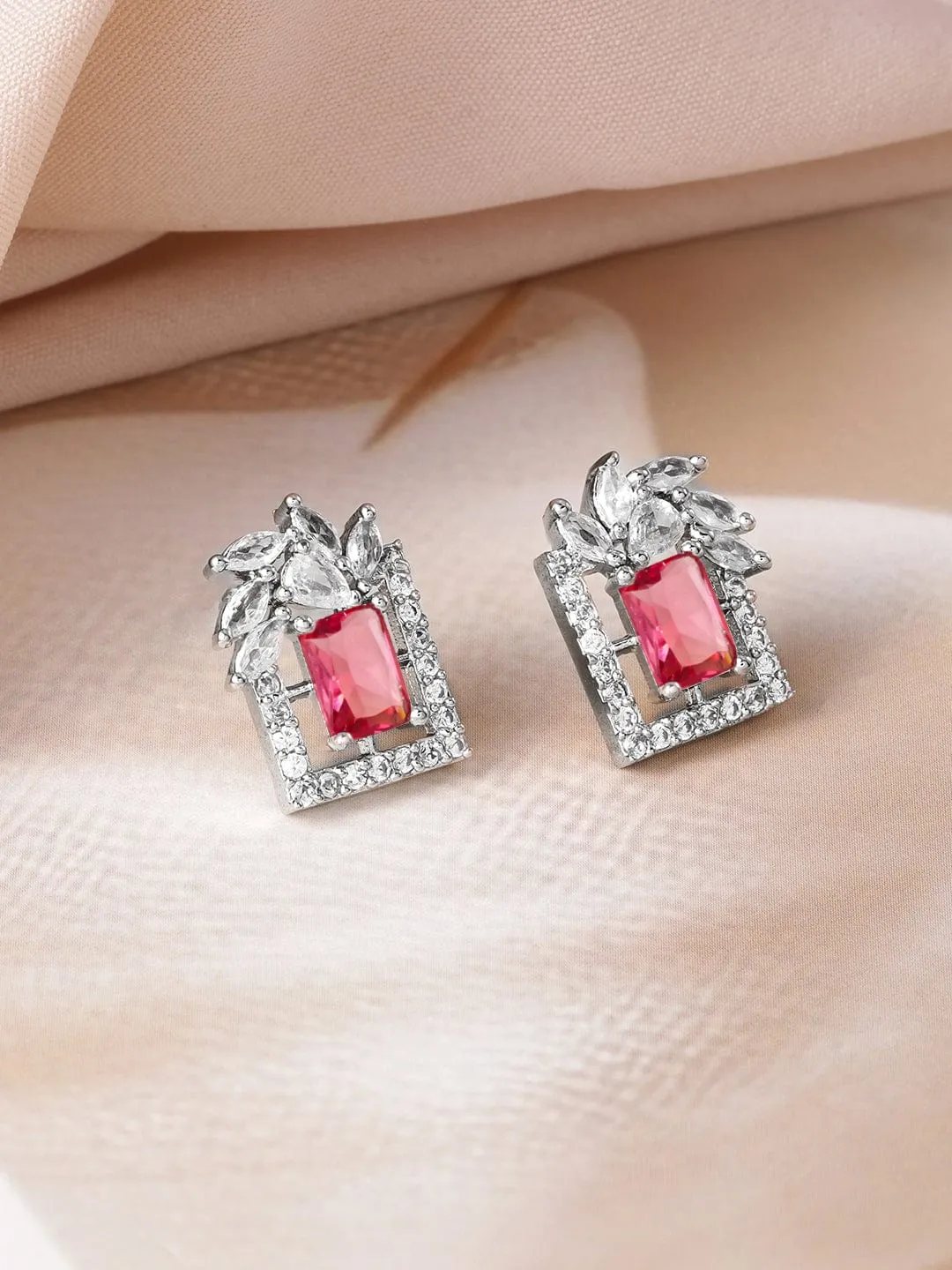 Rhodium Plated Ruby & White Cubic Zirconia Studded Geometric Stud Earrings