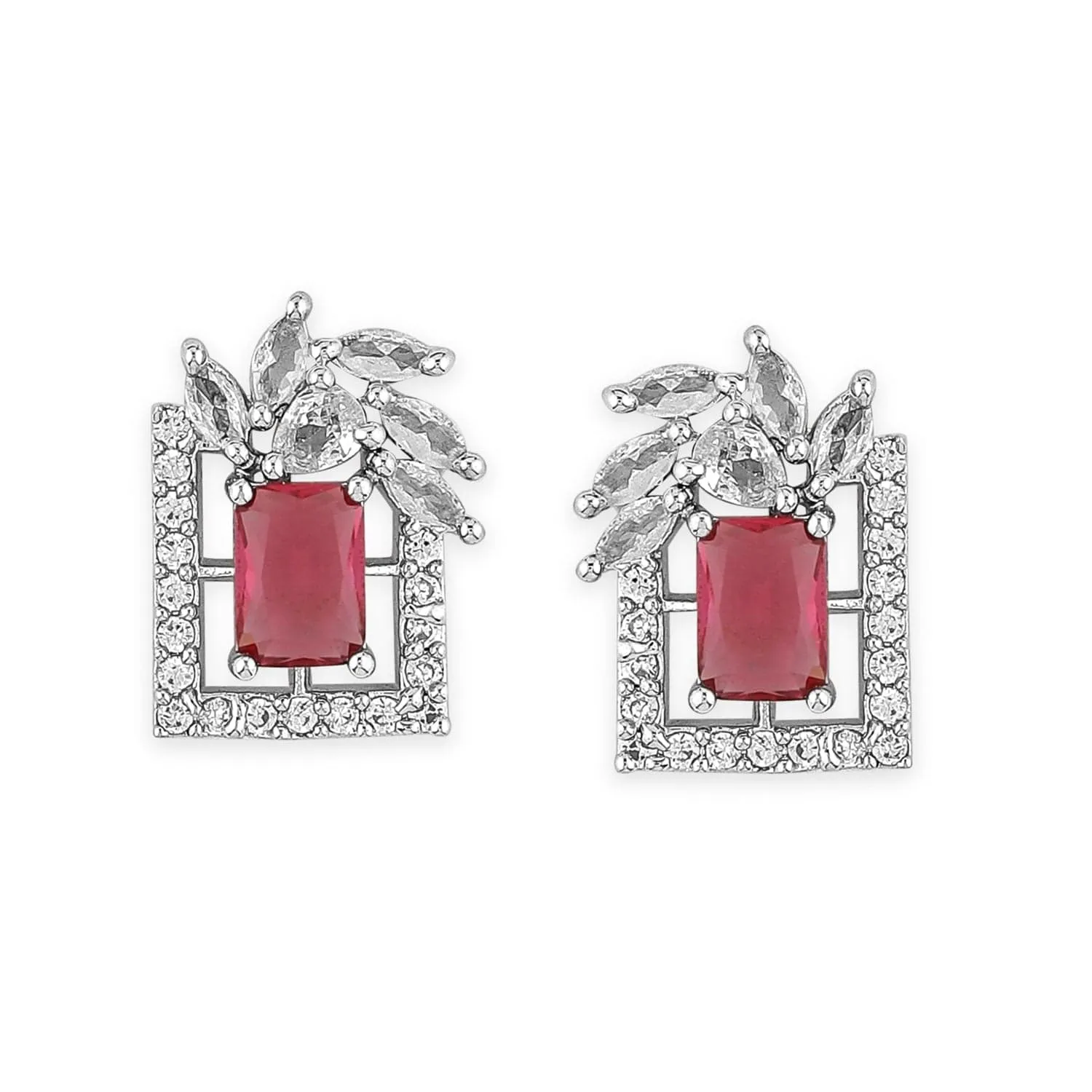 Rhodium Plated Ruby & White Cubic Zirconia Studded Geometric Stud Earrings