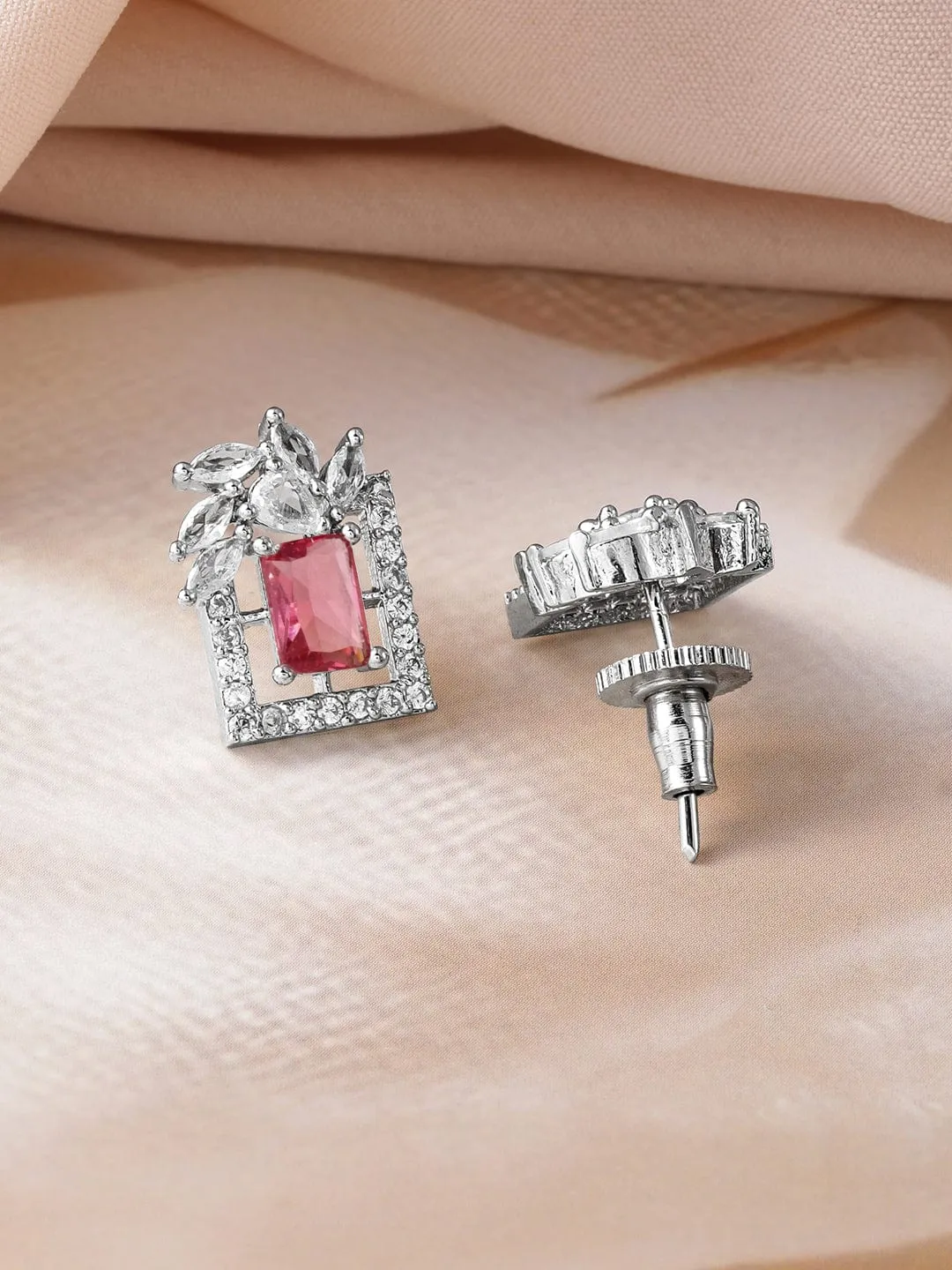 Rhodium Plated Ruby & White Cubic Zirconia Studded Geometric Stud Earrings