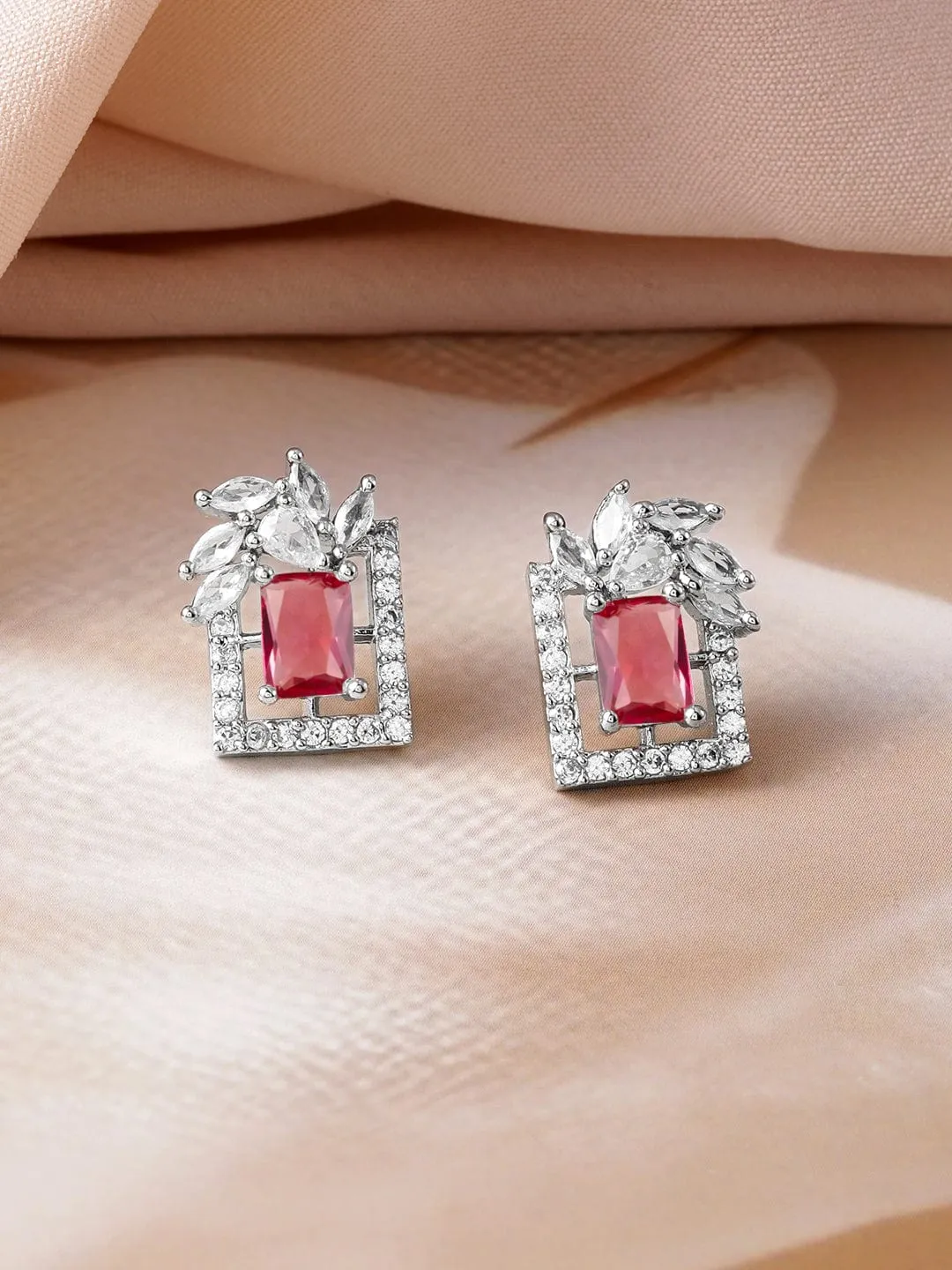 Rhodium Plated Ruby & White Cubic Zirconia Studded Geometric Stud Earrings