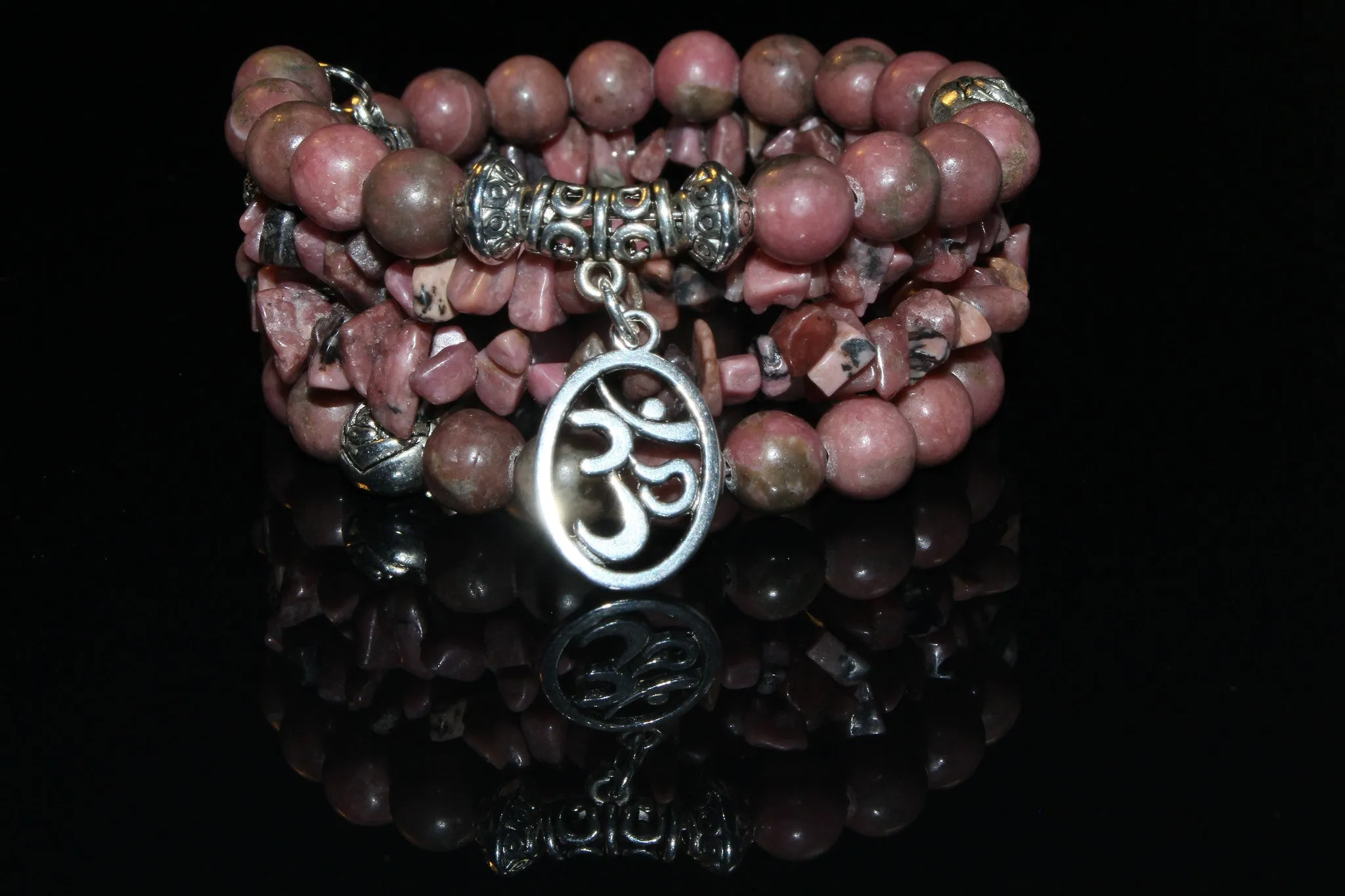 Rhodonite Gemstone, Om Charms Cuff Wrap Bracelet And Earrings Set.