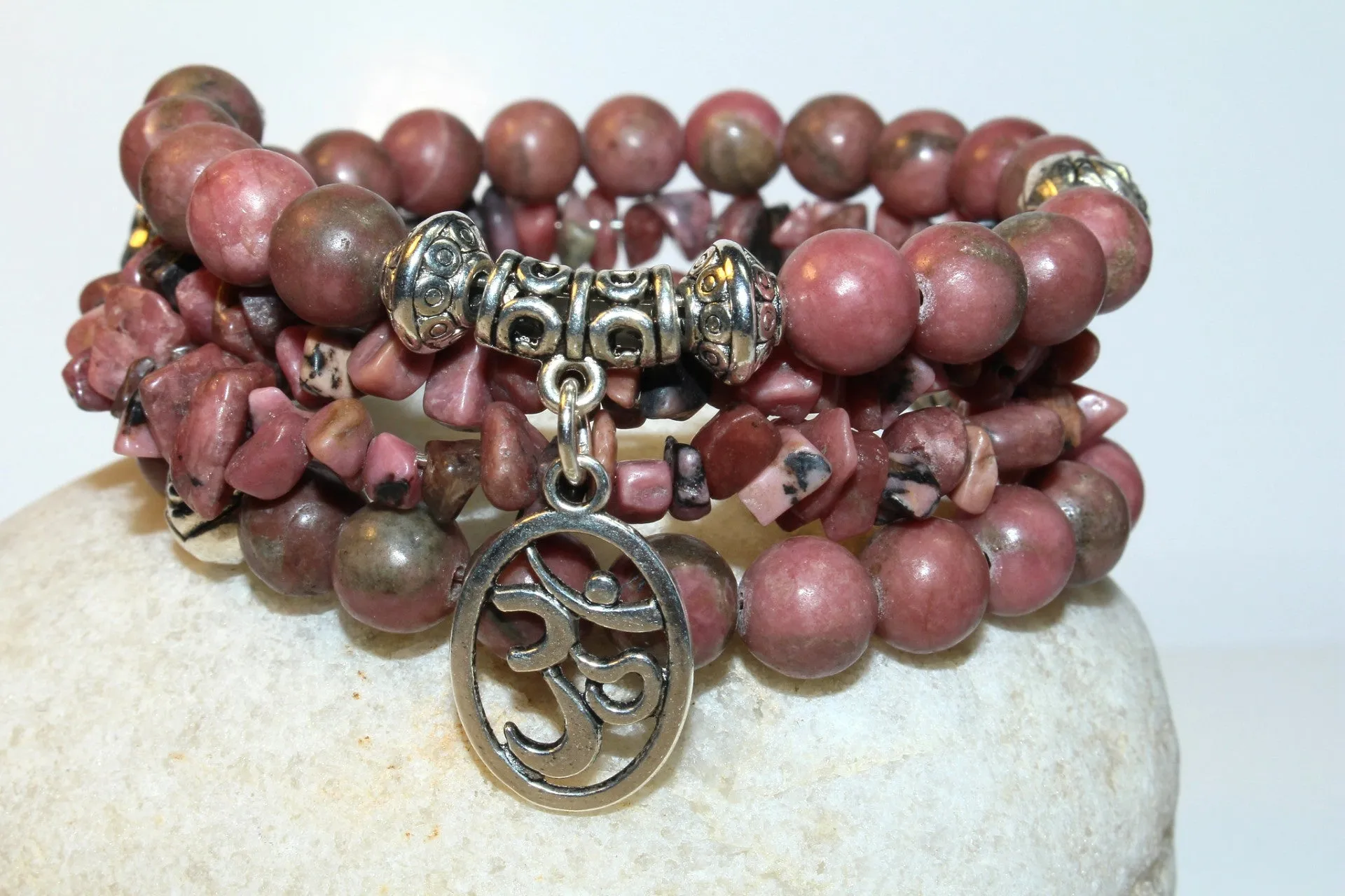 Rhodonite Gemstone, Om Charms Cuff Wrap Bracelet And Earrings Set.