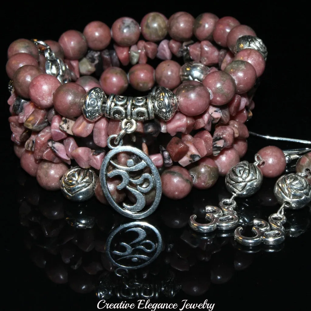 Rhodonite Gemstone, Om Charms Cuff Wrap Bracelet And Earrings Set.