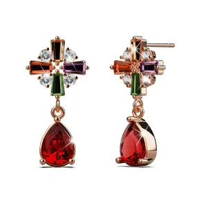 Rose Gold Plated Many-Hues Cross and Ruby Red Teardrop Earrings