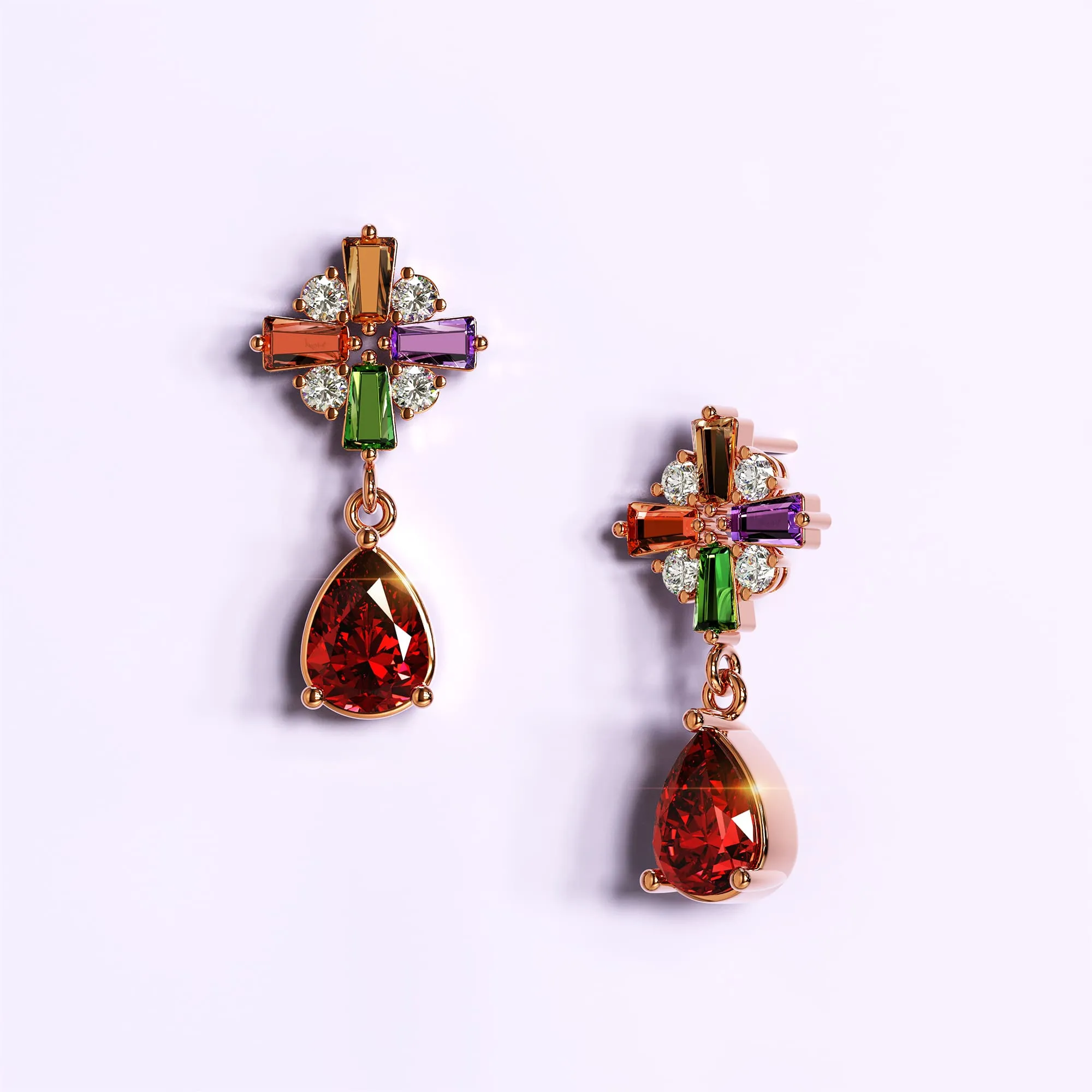 Rose Gold Plated Many-Hues Cross and Ruby Red Teardrop Earrings