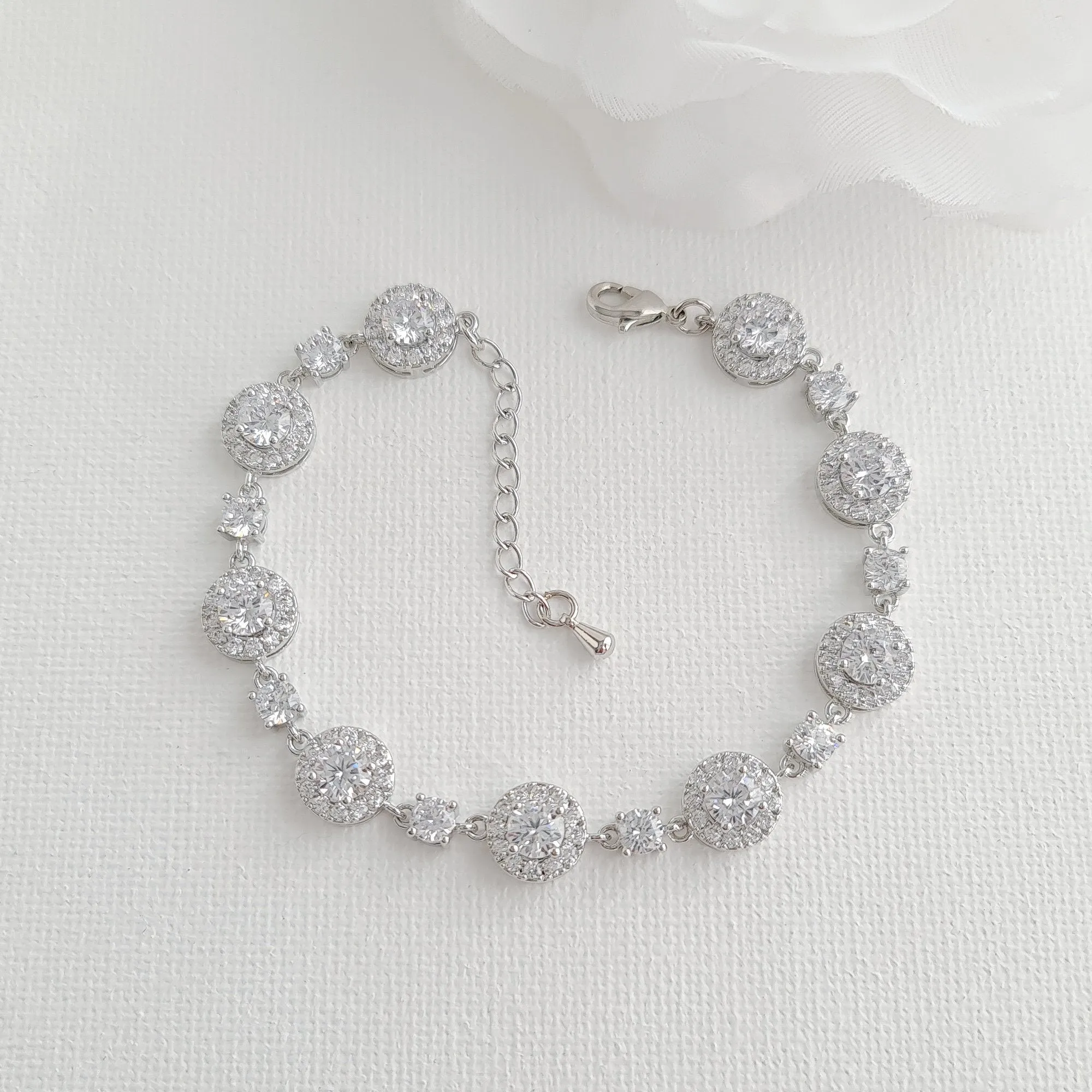 Round Halo CZ Bracelet and Earrings Set for Brides-Reagan