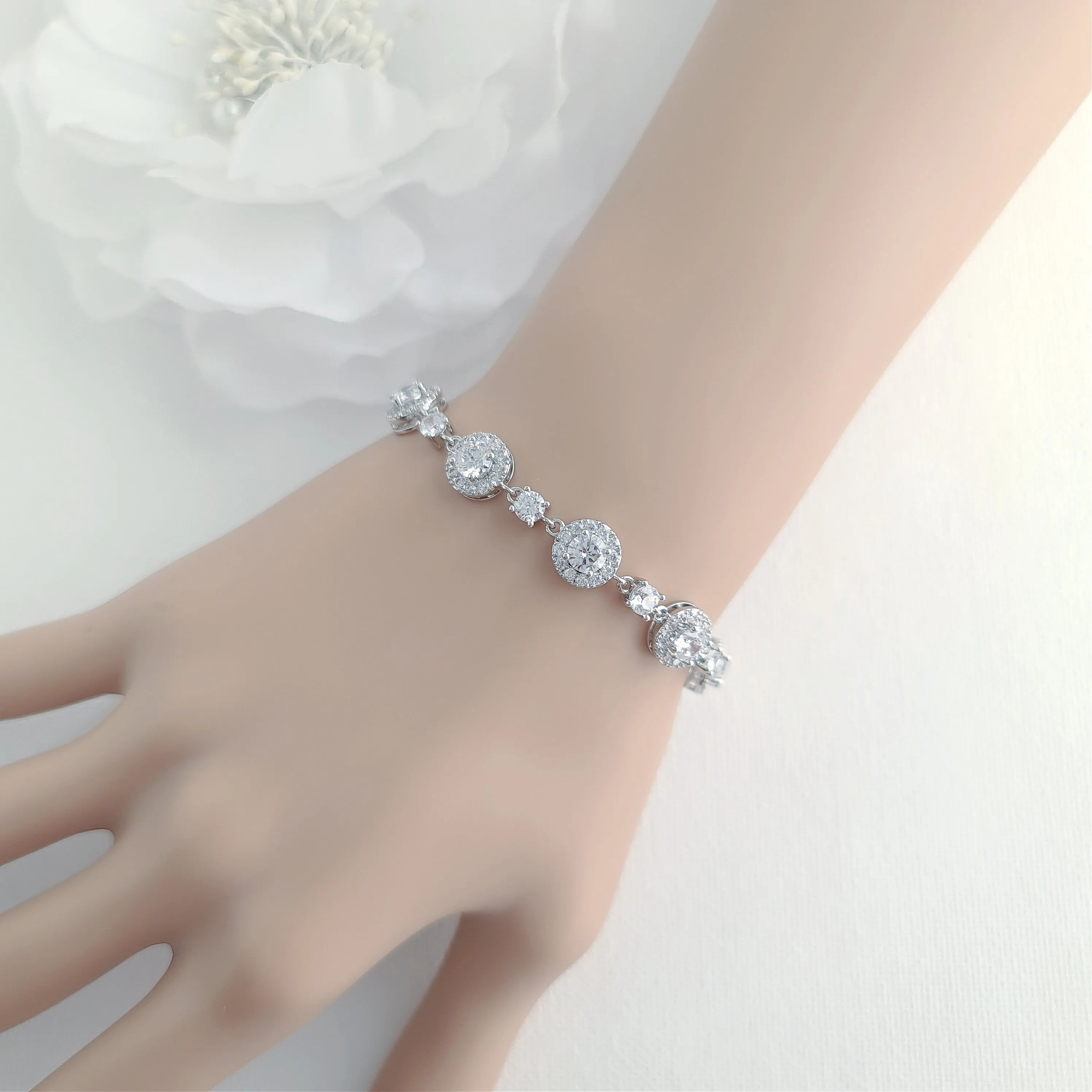 Round Halo CZ Bracelet and Earrings Set for Brides-Reagan