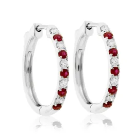 Round Prong Set Ruby & Diamond Hoop Earrings