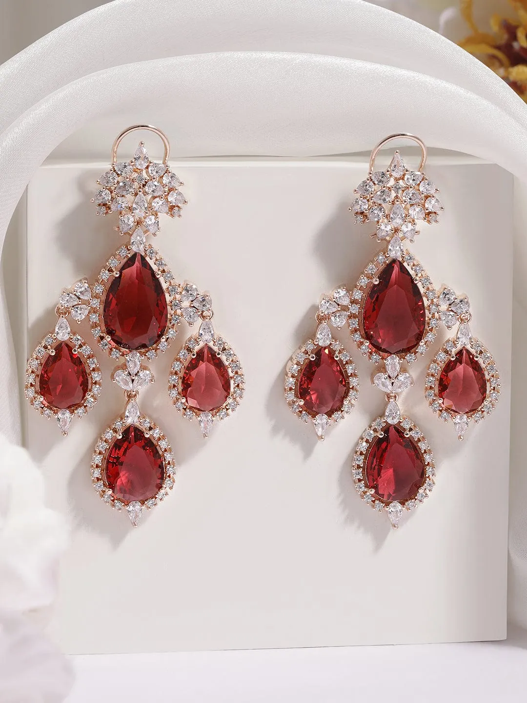 Rubans 18K Gold-Plated Ruby Red & Cubic Zirconia Studded Premium Chandelier Earrings