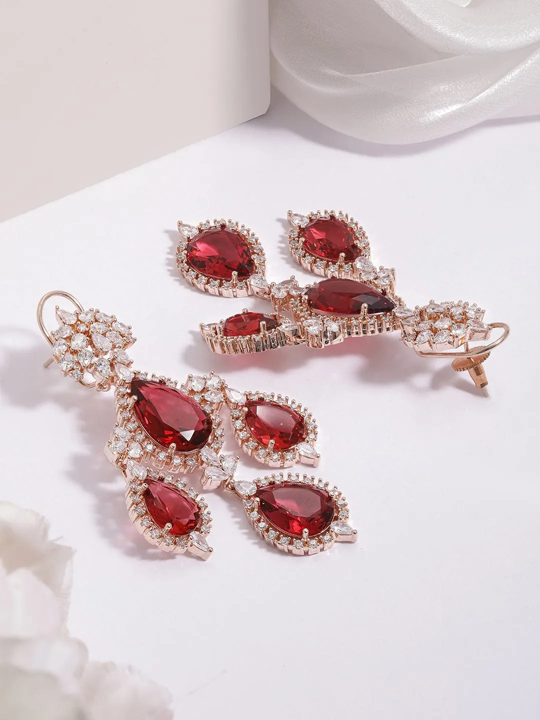 Rubans 18K Gold-Plated Ruby Red & Cubic Zirconia Studded Premium Chandelier Earrings