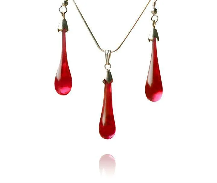 Ruby Glass Stud Earring & Drop Pendant Necklace Set