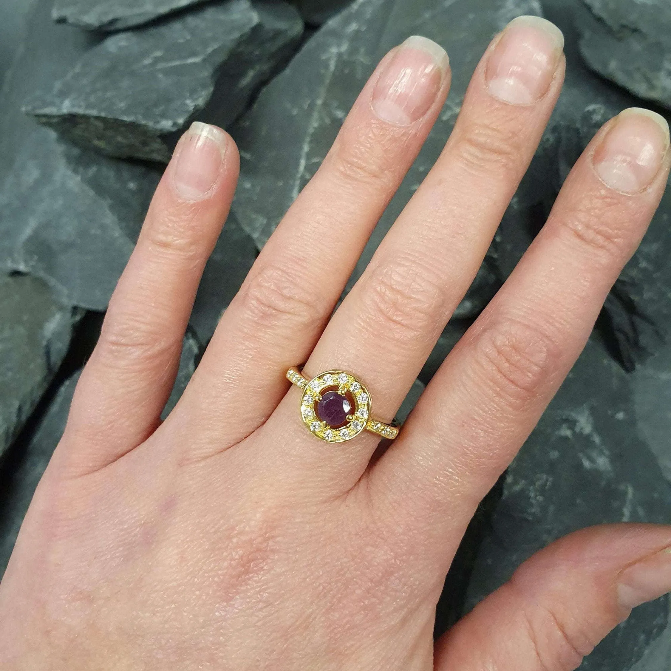 Ruby Gold Ring - Halo Ring, Natural Ruby Ring, Dainty Ruby Ring