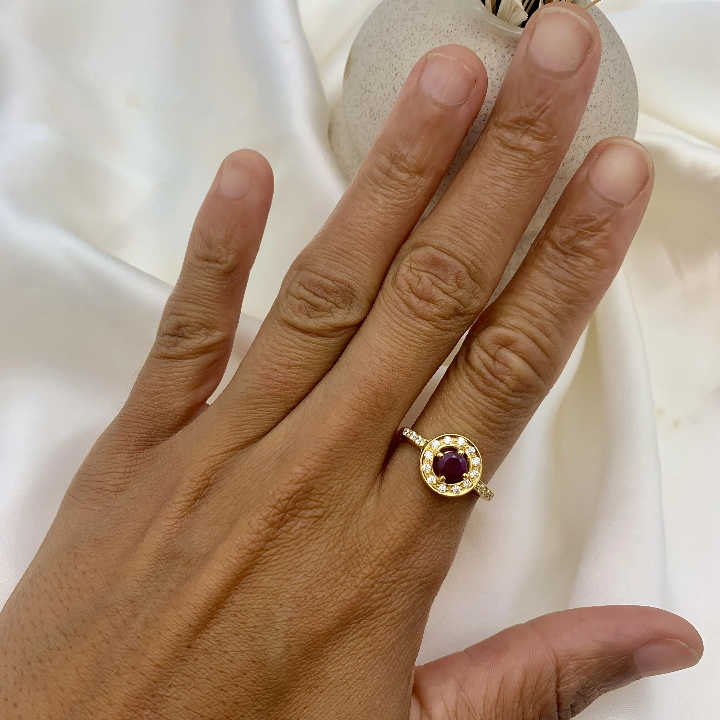 Ruby Gold Ring - Halo Ring, Natural Ruby Ring, Dainty Ruby Ring