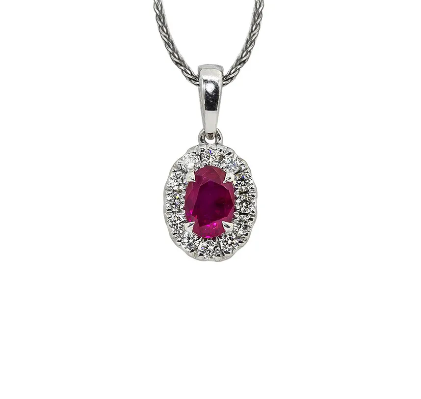 Sabel Collection 14K White Gold Oval Ruby and Diamond Halo Pendant