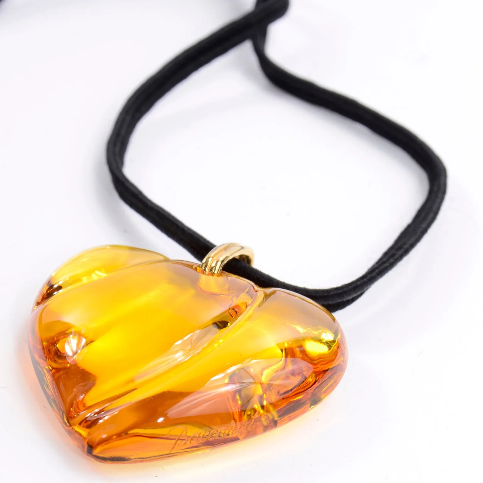 Signed Vintage Baccarat Pendant Amber Crystal Heart necklace