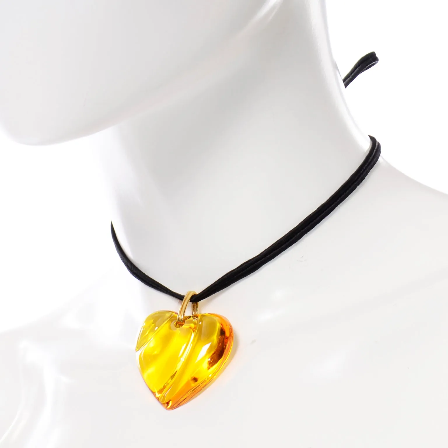 Signed Vintage Baccarat Pendant Amber Crystal Heart necklace