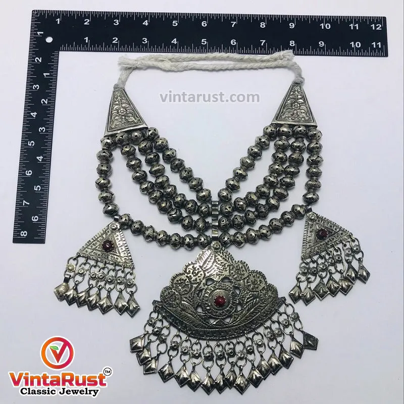 Silver Kuchi Multilayer Beaded Necklace With Dangling Pendants