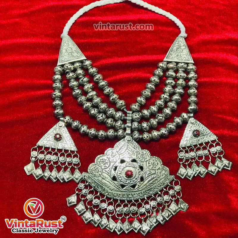 Silver Kuchi Multilayer Beaded Necklace With Dangling Pendants