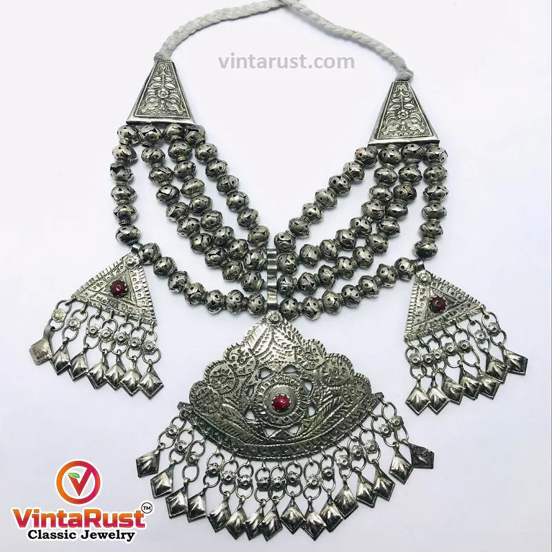 Silver Kuchi Multilayer Beaded Necklace With Dangling Pendants