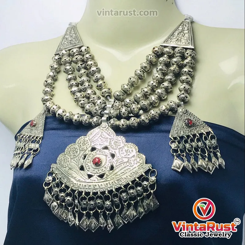 Silver Kuchi Multilayer Beaded Necklace With Dangling Pendants