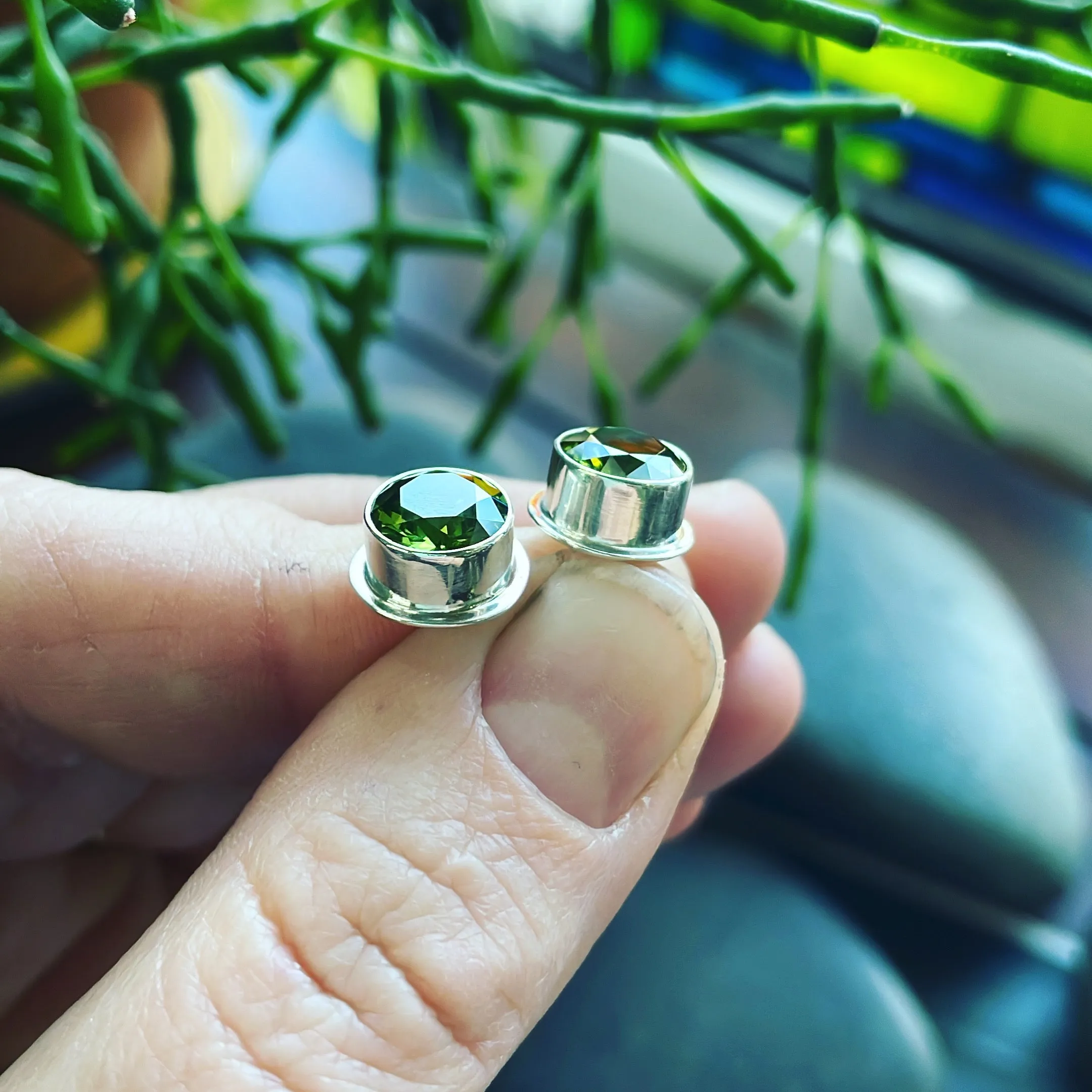 Simulated Peridot and Sterling Silver POST Earrings