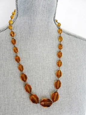 SPARKLING Vintage Art Deco Czech Amber Glass Bead Necklace Dazzling Faceted Beads Fine Old Costume Jewelry