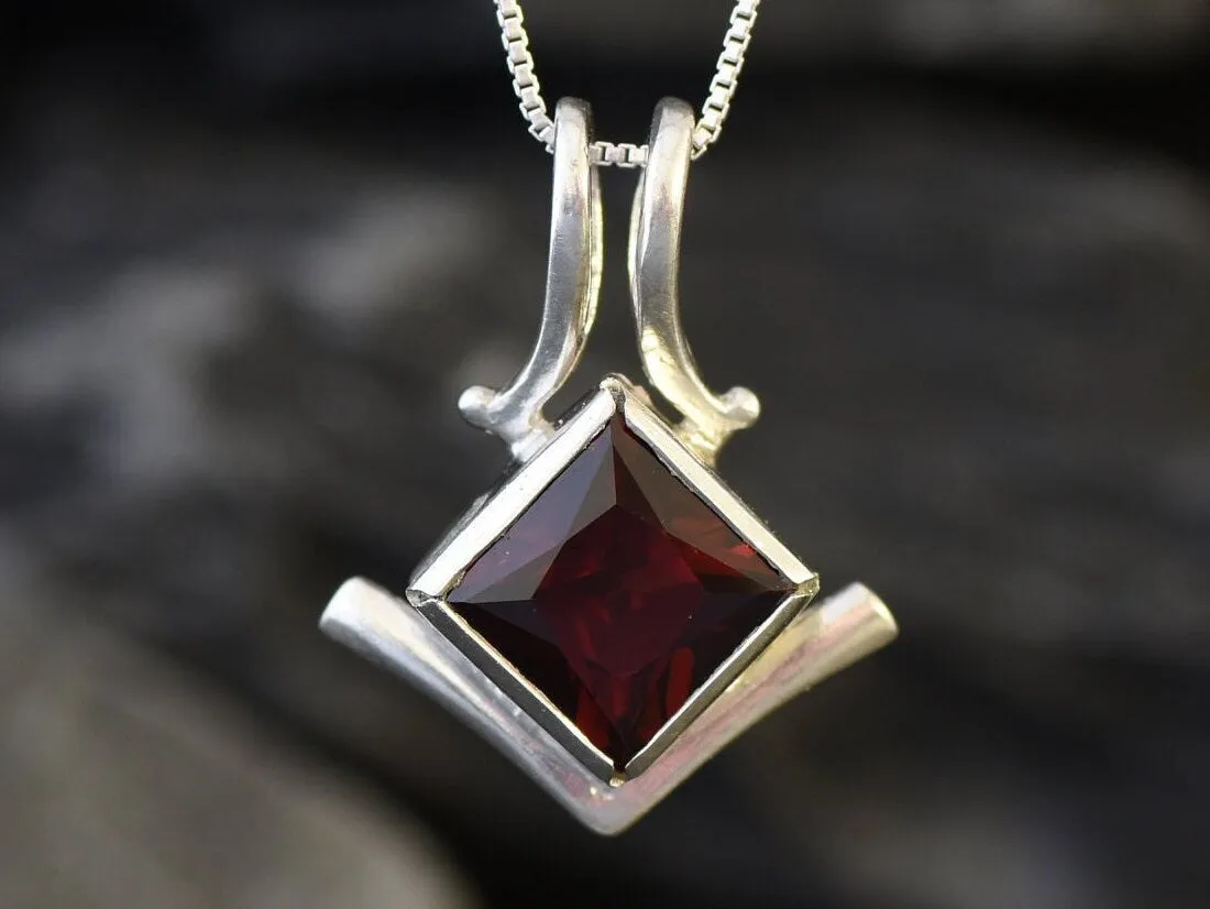 Square Garnet Pendant - Natural Garnet Necklace - Red Square Pendant