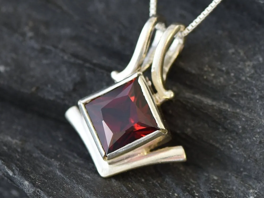 Square Garnet Pendant - Natural Garnet Necklace - Red Square Pendant