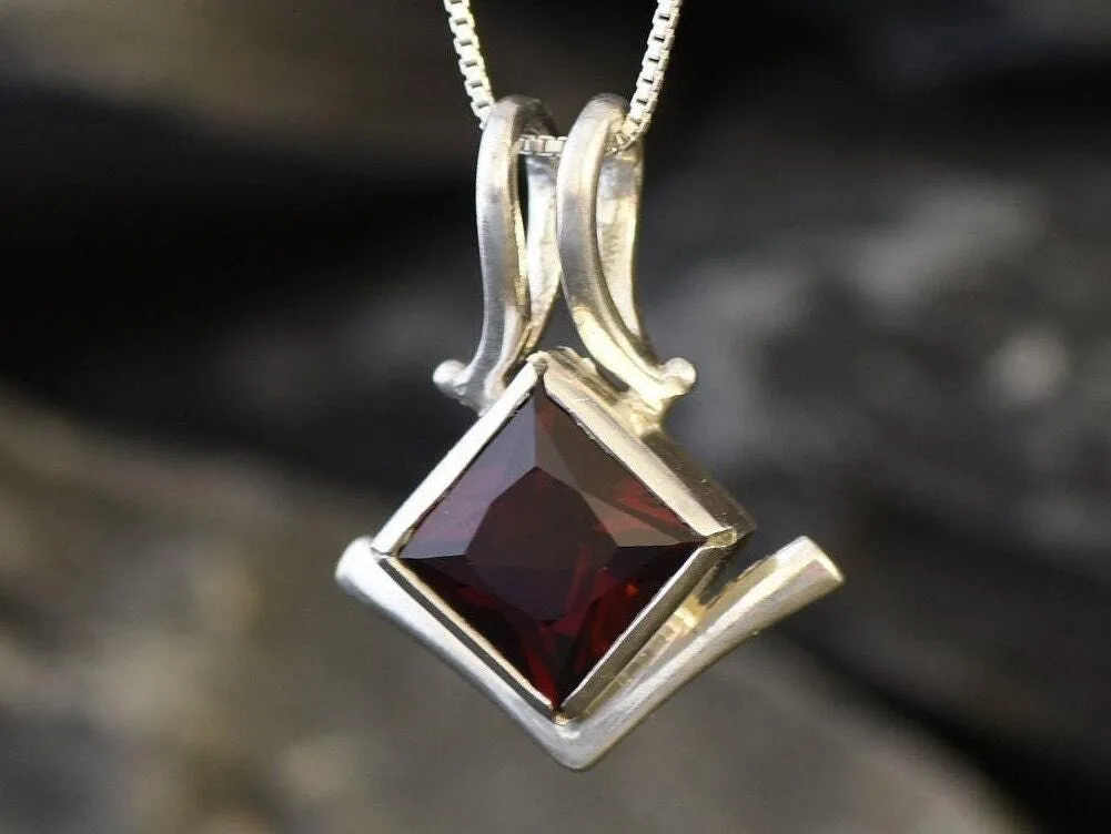 Square Garnet Pendant - Natural Garnet Necklace - Red Square Pendant