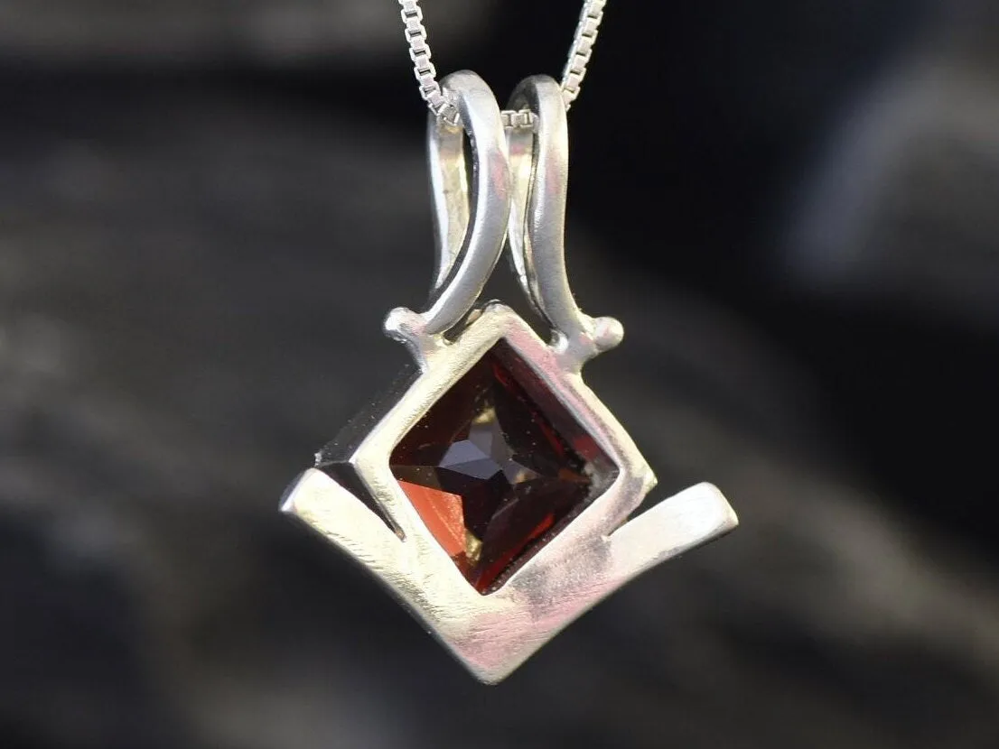 Square Garnet Pendant - Natural Garnet Necklace - Red Square Pendant