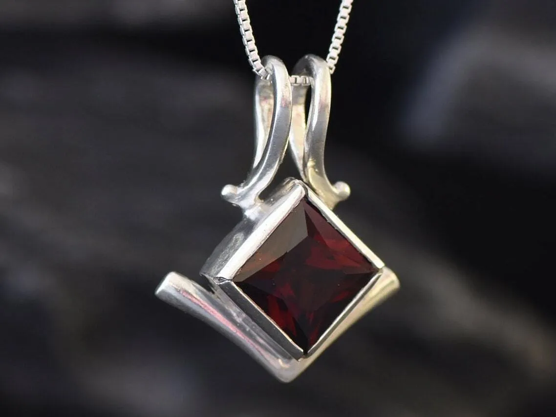 Square Garnet Pendant - Natural Garnet Necklace - Red Square Pendant