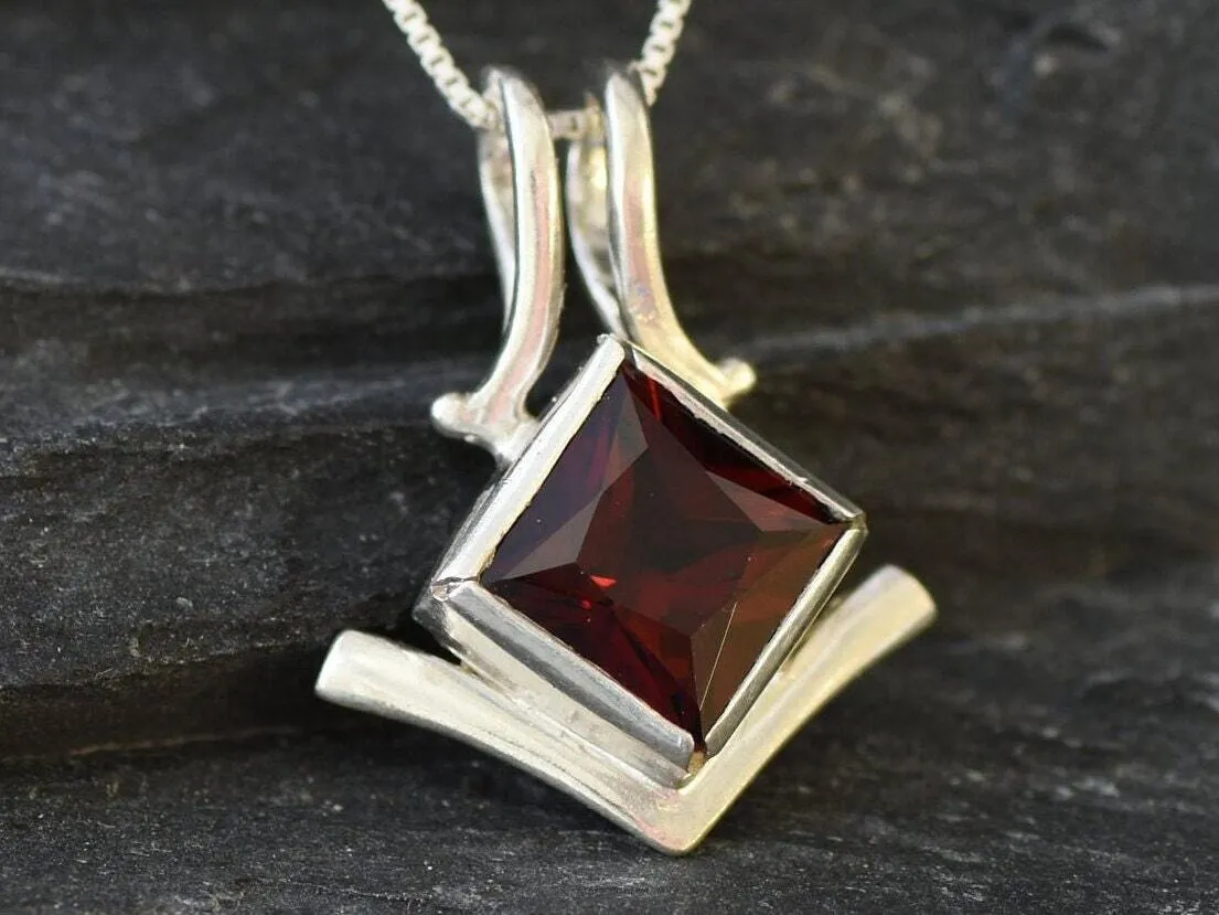 Square Garnet Pendant - Natural Garnet Necklace - Red Square Pendant