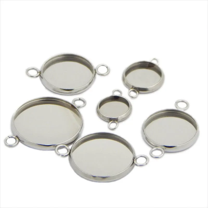 Stainless Steel Round Pendant Tray Double Loop Cabochon Setting Blank Bezel Pendant Base Two Rings Silver Tone 6 8 10 12 14 16 18 20 22 mm