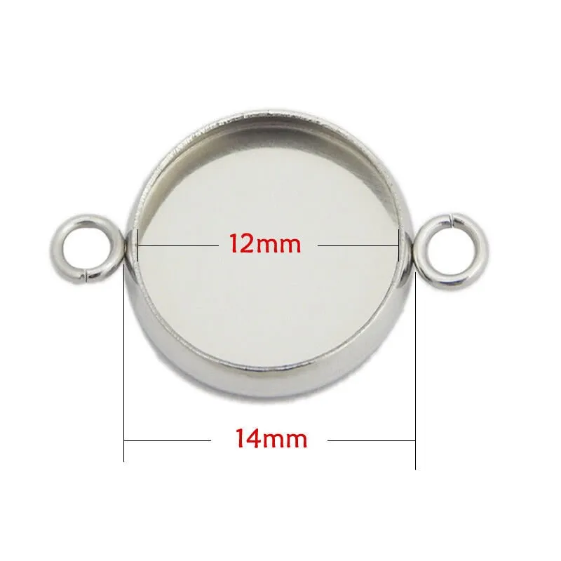 Stainless Steel Round Pendant Tray Double Loop Cabochon Setting Blank Bezel Pendant Base Two Rings Silver Tone 6 8 10 12 14 16 18 20 22 mm