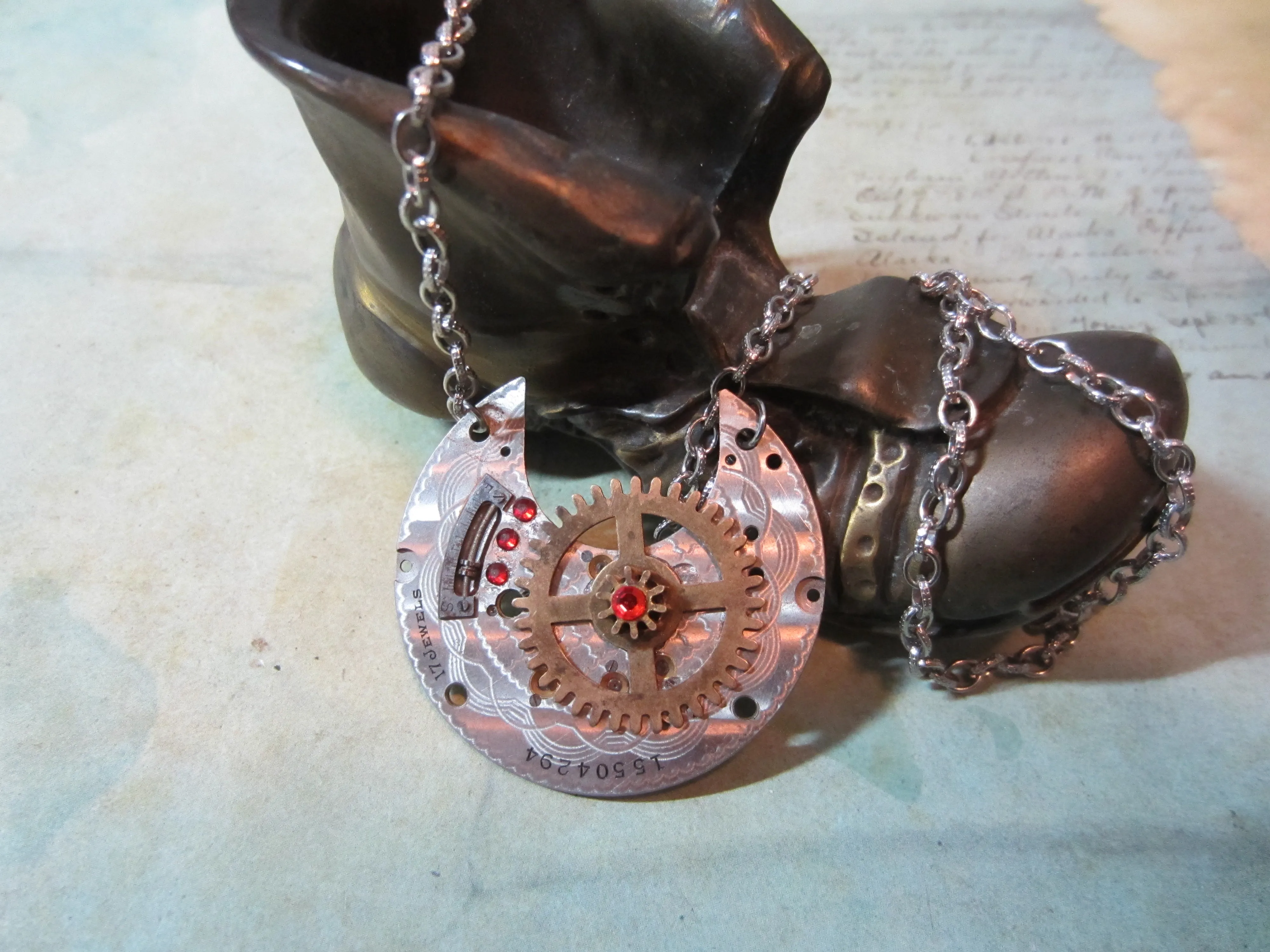 Steampunk pendant - Ruby - Steampunk Necklace - Steampunk Jewelry made with real vintage Pocket watch parts