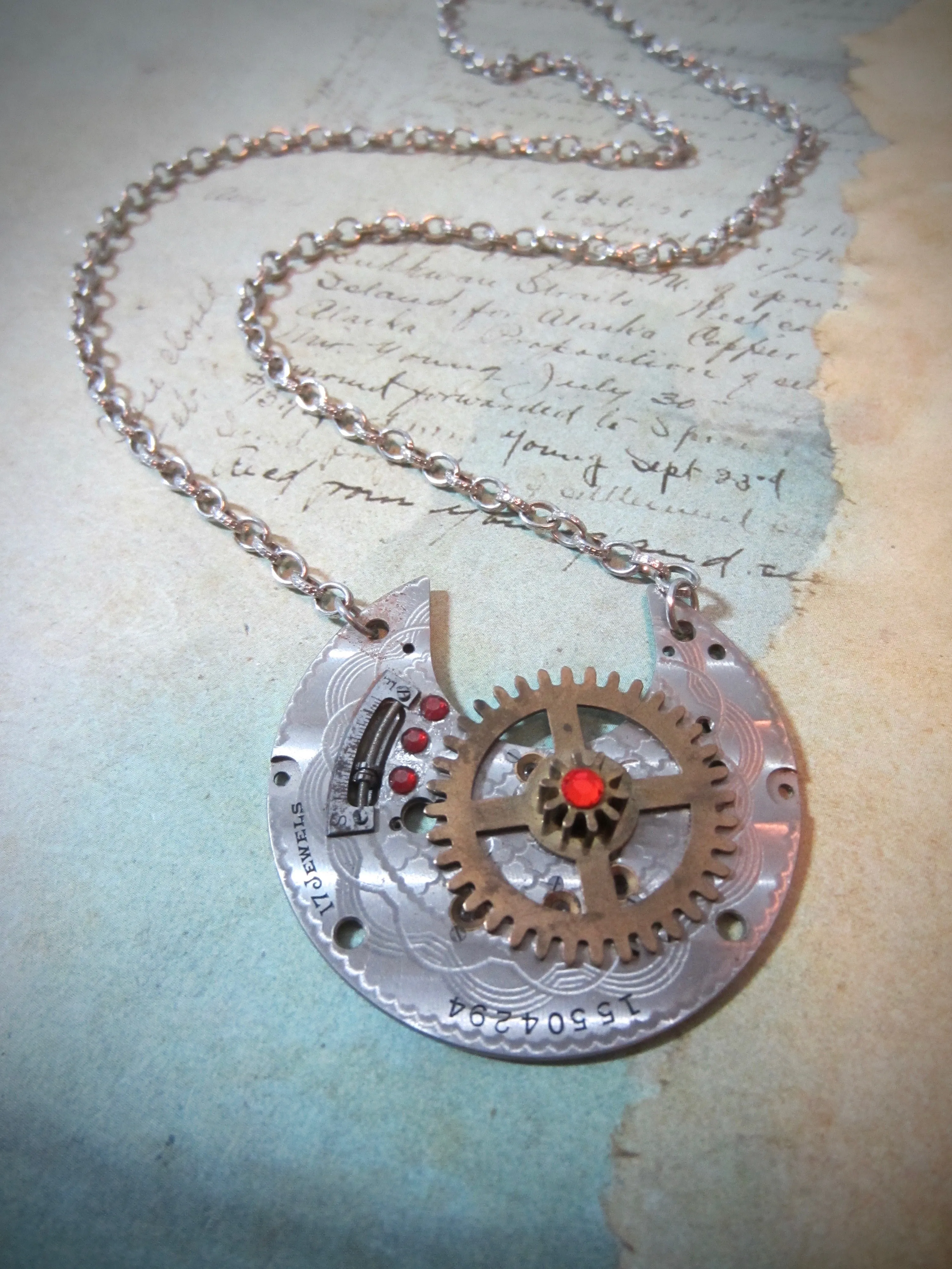 Steampunk pendant - Ruby - Steampunk Necklace - Steampunk Jewelry made with real vintage Pocket watch parts