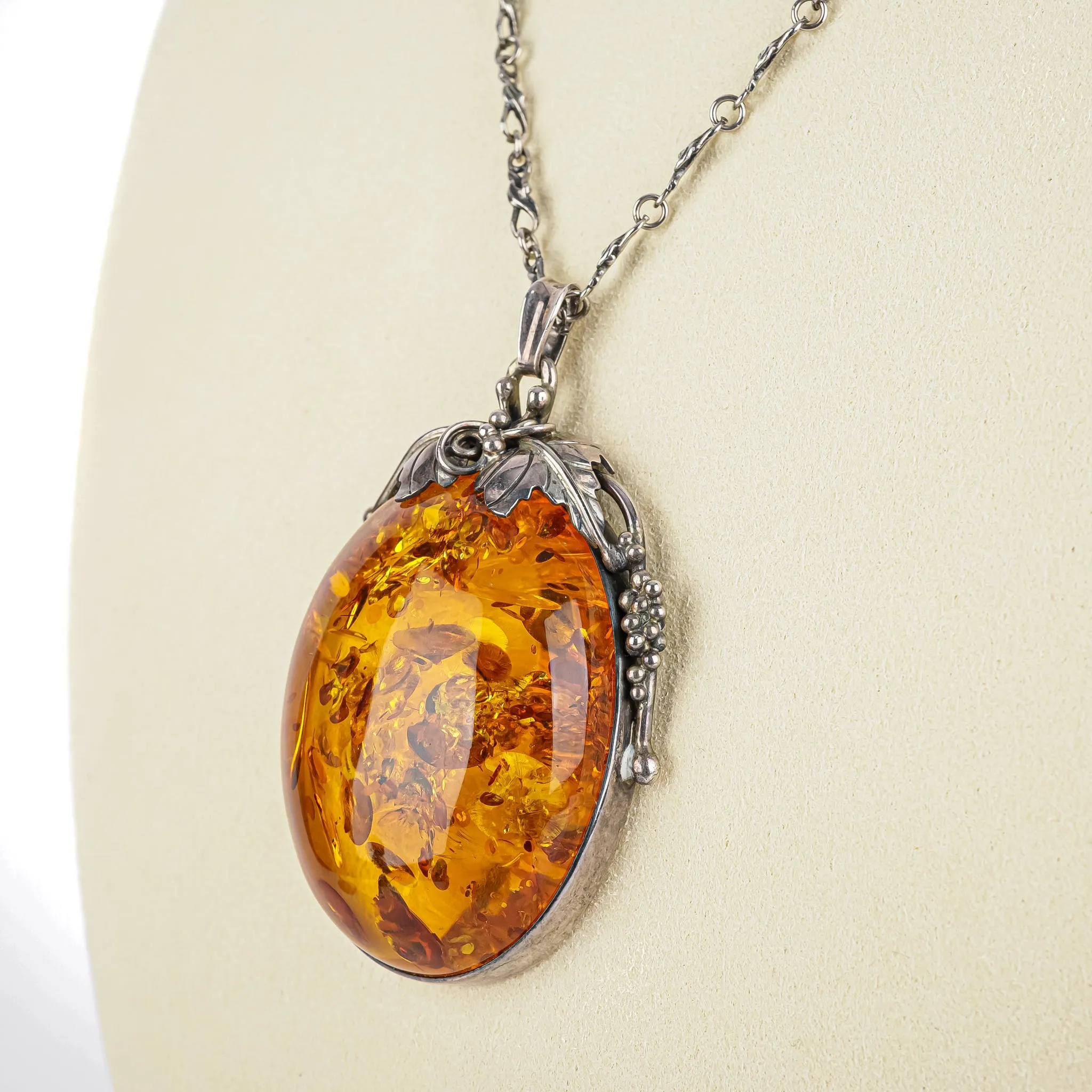 Sterling Large Oval Amber Grape Leaf Pendant Necklace