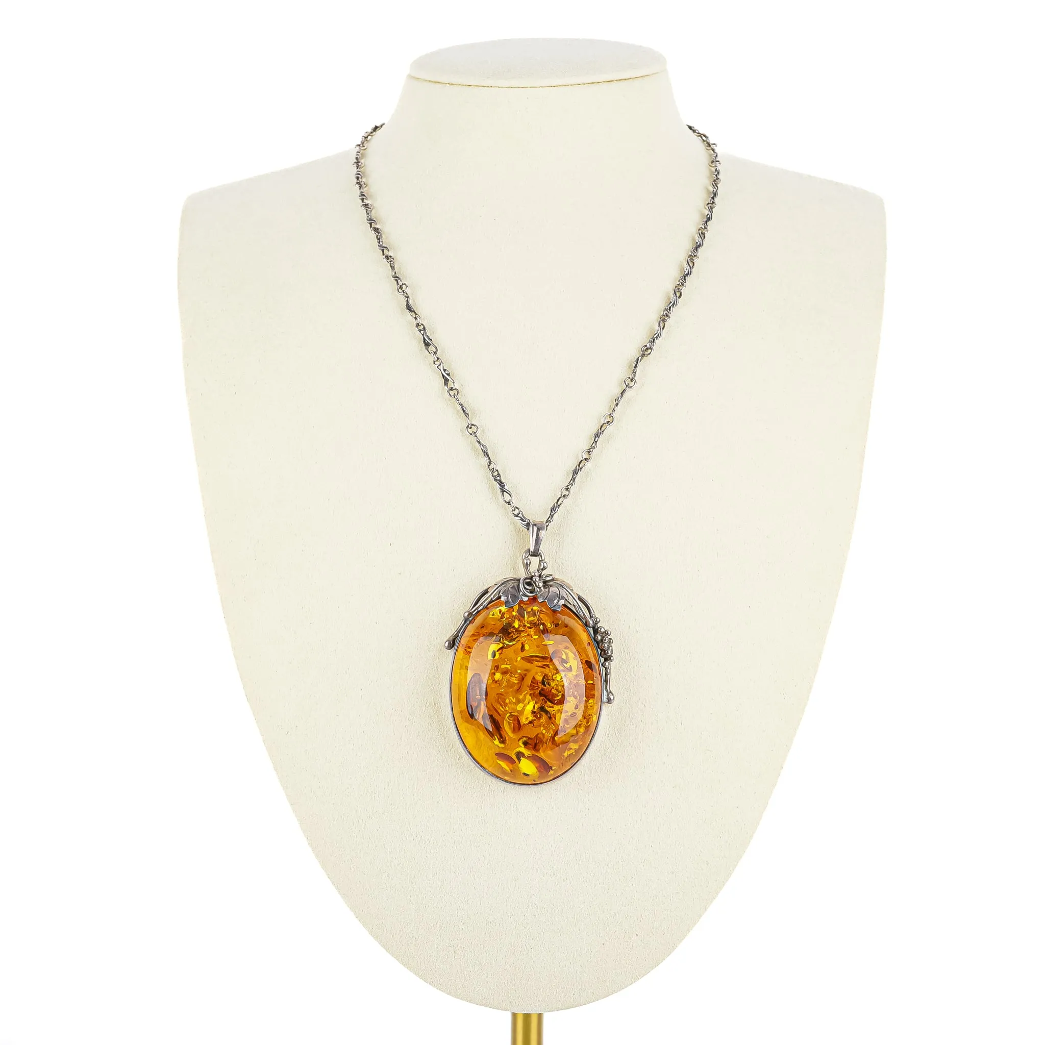 Sterling Large Oval Amber Grape Leaf Pendant Necklace