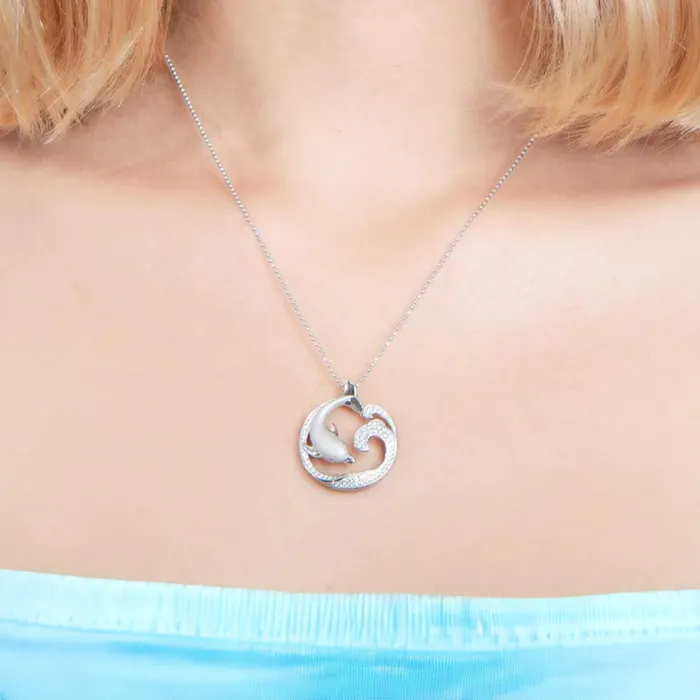 Sterling Silver Alamea Dolphin Ocean Wave Pave CZ Pendant