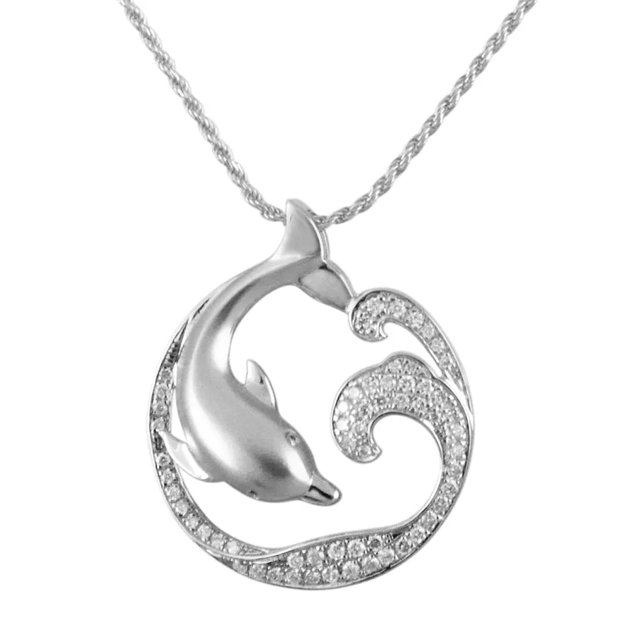 Sterling Silver Alamea Dolphin Ocean Wave Pave CZ Pendant